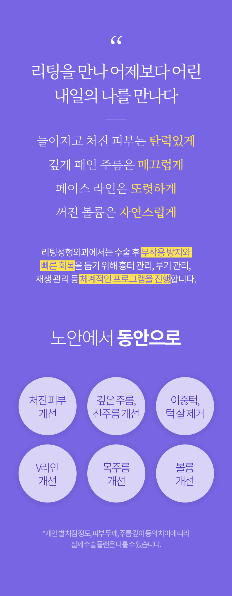 '리팅을 만나 어제보다 어린 내일의 나를 만나다' 늘어지고 처진 피부는 탄력있게, 깊게 패인 주름은 매끄럽게, 페이스 라인은 또렷하게, 꺼진 볼륨은 자연스럽게. 리팅성형외과에서는 수술 후 부작용 방지와 빠른 회복을 돕기 위해 흉터 관리, 부기 관리, 재생 관리 등 체계적인 프로그램을 진행합니다. '노안에서 동안으로' 처진 피부 개선 / 깊은 주름, 잔주름개선 / 이중턱, 턱살제거 / V라인 개선 / 목주름 개선 / 볼륨 개선, *개인별 처짐 정도, 피부 두께, 주름 깊이 등의 차이에 따라 실제 수술 플랜은 다를 수 있습니다.