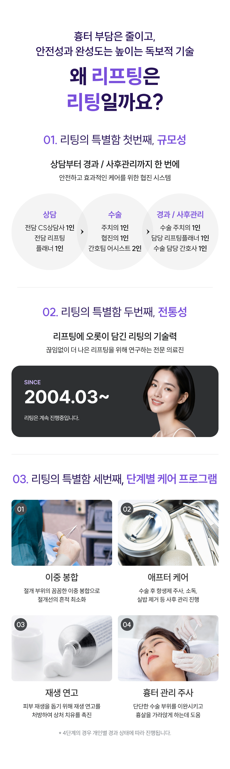 흉터 부담은 줄이고, 안전성과 완성도는 높이는 독보적 기술 왜 리프팅은 리팅일까요?